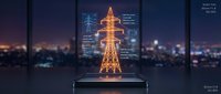 Holographic transmission tower projection on modern desk with city skyline view through office windows at night showcasing futuristic energy infrastructure technology.