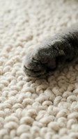 Close-up of cat paw on cream textured carpet, showing soft fur and pink paw pad. Suitable for pet care, home comfort, and feline-related design projects.
