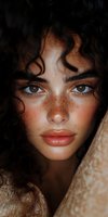 Close-up portrait of young woman with natural freckles, curly dark hair, and brown eyes gazing directly at camera. Moody lighting highlights facial features.