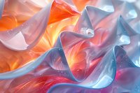 Ethereal abstract waves in coral pink and ice blue create dynamic flowing shapes with luminous highlights and soft shadows, suitable for modern interior design backgrounds.