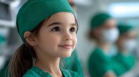 Young female medical student or resident in green scrubs and surgical cap smiling confidently in hospital operating room setting with blurred medical team in background.