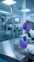Laboratory scientist in purple gloves using pipette with test tubes in modern sterile research facility for medical analysis and pharmaceutical development.