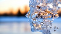 Ethereal ice formation with natural face profile silhouette against winter sunset, frozen water droplets creating crystalline sculpture in cold weather landscape.