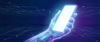 Futuristic digital hand holding glowing smartphone with blank screen on purple tech background with network lines for mobile app mockup design.