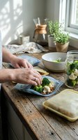 Adult male hands preparing fresh broccoli and cauliflower in containers on rustic wooden table near window with natural light, potted herbs, and kitchen items for healthy meal prep.