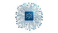 Circuit board pattern in circular shape with central processor chip design featuring blue gradient colors on white background, isolated for technology concepts.