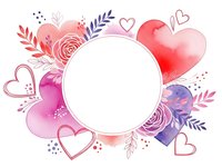 Watercolor hearts and floral elements frame with empty circle space for text. Valentine's Day romantic design with pink purple red hearts and leaves.