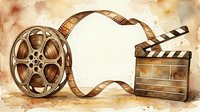 Vintage film reel and clapperboard with blank space for text, cinema production equipment on aged background, movie industry concept.