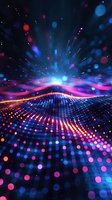 Abstract digital landscape with glowing neon grid and particles creating dynamic wave pattern in blue and pink colors against dark background. Futuristic light effects.