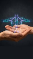 Hands holding glowing neon lungs with flowing energy waves on dark background. Concept for respiratory health, medical innovation, pulmonary care, and healthcare technology.