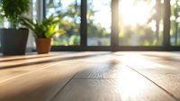 Warm sunlight streaming through windows onto wooden floor with potted plants, creating cozy home atmosphere at sunrise.