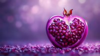Fresh cut pomegranate showing bright pink seeds against purple bokeh background, romantic food photography with soft dreamy lighting and scattered arils.