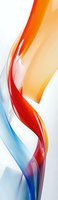 Dynamic flowing abstract shapes in red, orange and blue tones against white background create elegant