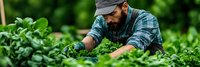 Bearded farmer in plaid shirt harvesting fresh green vegetables in organic garden during summer season for sustainable agriculture and healthy food production.