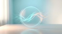 Glowing neon circle with flowing light waves on soft blurred background, suitable for tech, innovation, and digital design projects.