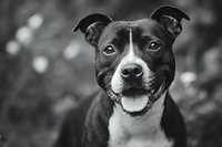 Black and white portrait of happy pit bull terrier with tongue out and perked ears against blurred natural background. Ideal for pet adoption campaigns.