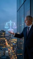 Senior Caucasian businessman in suit holding glowing holographic justice scales symbol in modern office overlooking city at night for legal services.