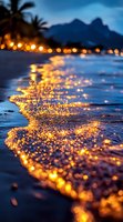 Golden lights reflect on wet tropical beach sand at dusk, with silhouetted palm trees and mountains creating magical evening atmosphere.