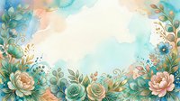 Watercolor floral frame with roses, peonies, and botanical elements in soft peachy, blue, and green tones on isolated white background for design projects.