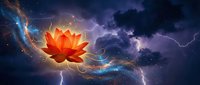 Glowing orange lotus flower floating in cosmic space with lightning bolts, nebula clouds and starfield creating mystical spiritual energy scene.