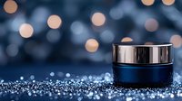 Luxury cosmetic cream jar on dark blue glittery surface with bokeh lights background, elegant skincare product photography for beauty industry.