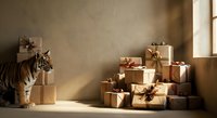 A young tiger cub stands among stacked kraft paper gift boxes with gold ribbons in a minimalist studio setting with warm natural lighting.