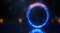 Glowing blue neon ring with magical light effects floating in dark space, creating mystical atmosphere with reflection on surface. Futuristic portal concept.