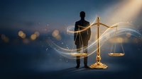 Professional lawyer silhouette holding scales of justice with golden light effects and magical energy swirls on dark blue background for legal concepts.