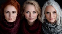 Three young women with different hair colors - red, blonde, and white - wearing knitted scarves against dark background. Diverse beauty portrait for fashion or lifestyle content.