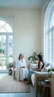 Two women having intimate conversation in bright modern living room with large arched windows and natural light for wellness and friendship concepts.