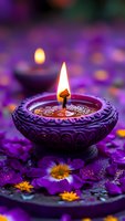 Ornate oil lamp with bright flame surrounded by purple flowers creating warm atmospheric lighting for spiritual meditation and festive celebrations.