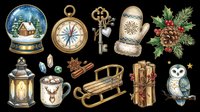 Watercolor winter holiday clipart set with snow globe, compass, key, mitten, holly, lantern, cocoa, sled, logs, and owl, isolated on transparent background, for stickers, t-shirts, print on demand.