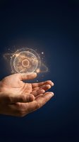 Human hands holding glowing digital hologram with circular tech interface and sparkling light effects on dark blue background for futuristic concepts.