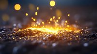 Golden glitter particles exploding with bright sparks and bokeh lights on dark background for luxury celebration and festive design projects.
