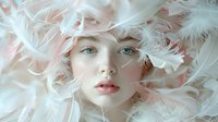 Ethereal portrait surrounded by soft white feathers against pink background, creating dreamy atmosphere. Young woman with natural makeup and delicate features for beauty concepts.