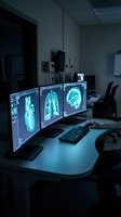 Medical imaging workstation displaying brain and lung scans on multiple monitors in modern radiology department for diagnostic analysis and healthcare technology.
