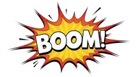 Comic book explosion burst with BOOM text in bold letters on colorful starburst background isolated on white for graphic design and print projects.