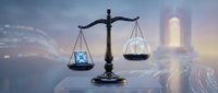 Digital justice scales balancing technology and law with futuristic cityscape background for legal tech concepts and judicial system modernization.