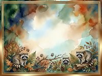 Raccoons and woodland creatures gather among autumn foliage and ferns in this watercolor-style illustration, perfect for children's books, nursery decor, and nature-themed designs.