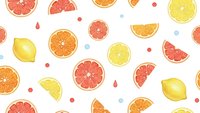 Watercolor citrus fruits seamless pattern with orange, grapefruit, lemon slices and colorful dots on white background for summer design projects.