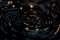 Abstract spiral pattern of glowing orange lights and digital dots on dark background creates futuristic technology concept for business presentations.