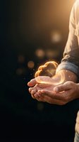 Glowing heart floating above cupped hands with magical light effects and bokeh background symbolizing love, care, protection and compassion.