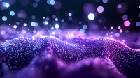 Glowing purple and blue particles form dynamic wave pattern against dark background with bokeh lights, creating magical atmospheric effect.