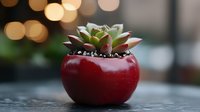 Succulent plant in red ceramic pot with bokeh lights background, shallow depth of field macro photography. Modern minimalist home decor and gardening concept.