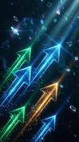 Glowing neon arrows in green, blue, and gold pointing upward through digital space with floating data elements, representing growth, progress, and business success in technology.