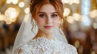 Young woman with fair skin and reddish-blonde hair styled in an updo, wearing an ornate white lace wedding gown and delicate veil with pearl earrings, posed against warm golden bokeh lighting for bridal and wedding photography.