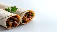 Grilled chicken and vegetable wrap sandwich with fresh herbs and sauce on white background. Healthy lunch or dinner meal with tortilla flatbread.