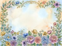 Watercolor floral frame with pastel roses, anemones, and greenery on soft blue background, perfect for wedding invitations and greeting cards.