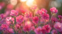 Pink wildflowers in soft evening sunlight with natural bokeh background, delicate petals and stems create dreamy romantic garden atmosphere for nature photography.