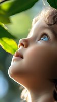 Close-up profile of young caucasian child with blue eyes looking up at sunlight through green leaves, expressing wonder and curiosity in natural setting.